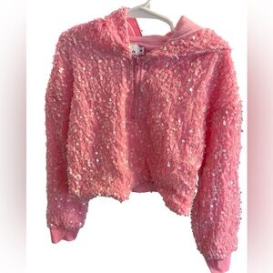 Lola & The Boys Pink Sequin Cropped Quarter Zip Up Hoodie Jacket Girls 6